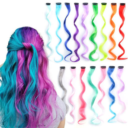Picture of KGBFASS Curly Wavy Colored Hair Extension Rainbow Multi Colors Party Highlight Clip in on Colorful Hairpieces for Girls Kids Women 16Pcs