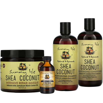 Picture of Sunny Isle Shea Coconut Moisturizing Shampoo and Conditioner 12oz, Intensive Repair Masque 16oz, Extra Dark JBCO 2oz (4-Piece) Bundle | Deep Hydration - Curly Wavy Coils