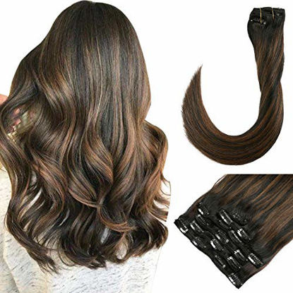 Picture of 20inch Clip in Hair Extensions #1B Natural Black to #6 Chestnut Brown Highlight Black Clips Human Hair Extensions 120g 7pcs Full Head Silky Straight Clip on Hair Pieces for Women