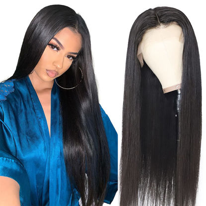 Picture of 13x4 HD Lace Frontal Wigs Human Hair for Black Women 180% Density Transparent Brazilian Straight Lace Front Human Hair Wigs Pre Plucked Natural Hairline Straight Hair wigs Natural Color (18 Inch)