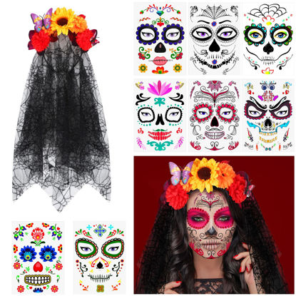 Picture of Day of the Dead Headband Halloween Crown Rose Floral Veil Headband Headpiece with 8 Pieces Halloween Temporary Face Tattoos Dead Sugar Skull Tattoos for Costume Party (Multi Color,Sunflower Style)