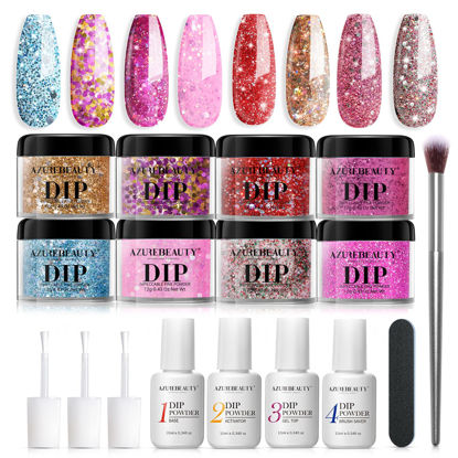 Picture of AZUREBEAUTY 17Pcs Dip Powder Nail Kit Starter, Pink Shiny Glitter Highlight Colors Acrylic Dipping Powder System Essential Kit for French Nail Manicure Nail Art Set Salon DIY Home for Party Gift