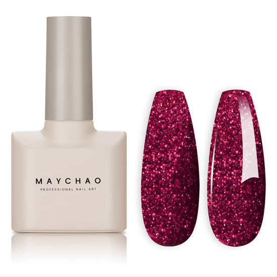 Picture of MAYCHAO 15ML Gel Nail Polish 1Pc Burgundy Glitter Nail Polish Soak Off UV LED Nail Gel Polish Nail Art Starter Manicure Salon DIY at Home, 0.5 OZ