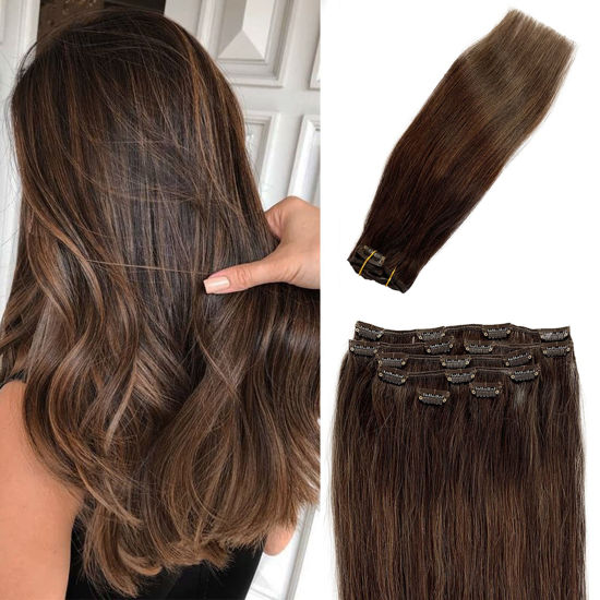 GetUSCart- Hair Extensions Clip ins Brown Highlighted Real Human Hair Clip  in Extensions 15 Inch Short Straight Balayage Brown Clip on Hair Extensions  70grams 7pcs