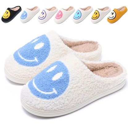 Picture of Cute Smile Face Slippers for Women and Men,Soft Plush Comfy Warm Couple Slip-On House Happy Face Slippers For Winter Indoor Outdoor Smile Slippers Non-slip Fuzzy Flat Slides White Blue3839