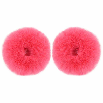 Picture of 2pcs Pack Furry Faux Rabbit Fur Hair Scrunchies Artificial Fur Hair Bobbles Elastic Hair Band Rope Wristband Ponytail Accessories (Watermelon Red)