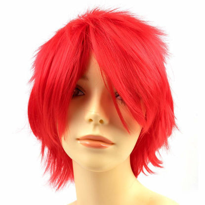 Picture of Modernfairy Anime Halloween Wig Red for Cosplay Party, Synthetic Layered Short Hair Wigs with Bangs, Pastel Wigs for Women Girls Men Kids