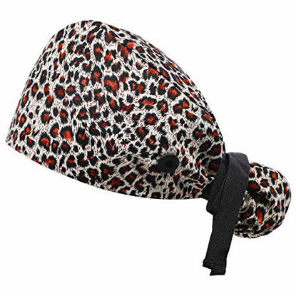 Picture of Hotme Working Cap with Buttons and Sweatband Adjustable Ribbon Tie Ponytail Hats for Women,Long Hair Head Covers Hair Caps (Brown Leopard)