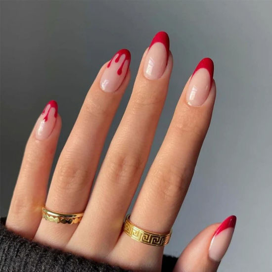 Red Almond Nails With Cold Gold Glitter #glitternails #rednails