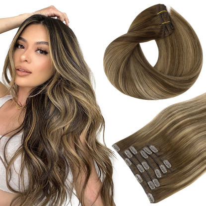 Picture of Clip in Hair Extensions, hotbanana Chocolate Brown with Honey Blonde 120g Clip in Hair Extensions Real Human Hair Straight Remy Hair Clip in Hair Extensions 18 inch 7pcs