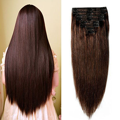 Picture of 16" / 16 inch 130g Double Weft 100% Remy Human Hair Clip in Extensions 10''-22'' Grade 7A Quality Full Head Thick Thickened Long Soft Silky Straight 8pcs 18clips for Women Fashion #2 Dark Brown