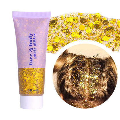 Picture of DAGEDA Body Glitter Gel, Face Glitters Body Gel Sequins Shimmer Liquid Eyeshadow, Chunky Glitter for Face Hair Nails, Holographic Cosmetic Laser Powder Festival Glitter Makeup 50ml(Gold）