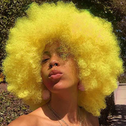 Picture of G&T Wig Afro Puff Curly Wigs for Women 70's Yellow Short Kinky Curly Wig With Bangs Fluffy Soft and Natural Looking Heat Resistant Wigs for Daily Party Use (Yellow)