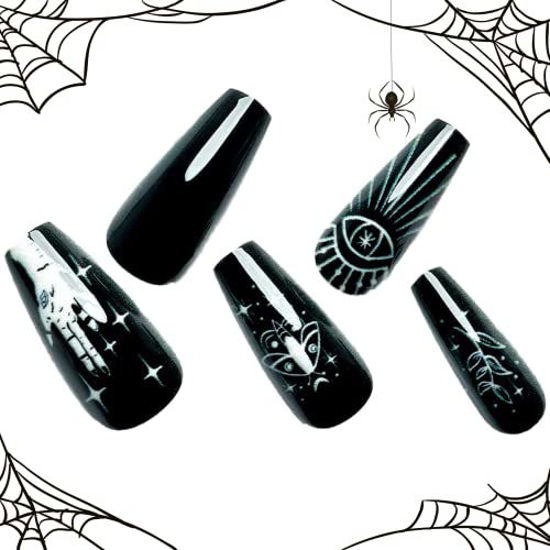 1001586 press on nails medium coffin glamermaid black gothic evil eye acrylic fake nails with design glue on 550