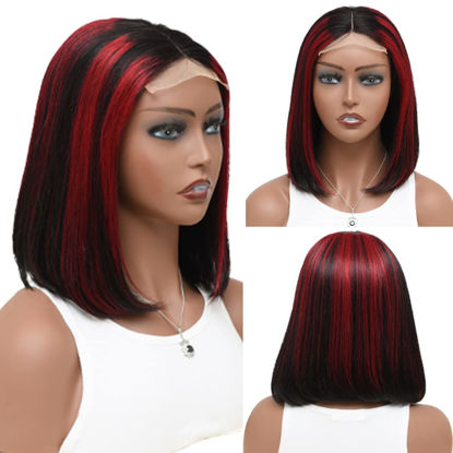 Picture of Highlight Lace Front Bob Wig Human Hair for Black Women 10Inch Highlights Wig 1b/ Red T Part Lace Front Wig Highlight Straight Bob Wigs Glueless Unprocessed Brazilian Virgin Hair