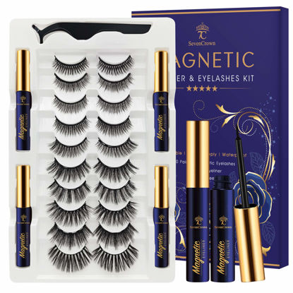 Picture of Magnetic Eyelashes with Eyeliner Kit - SevenCrown Magnetic Lashes Natural Looking with 4 Tubes of Magnetic Liner Upgraded,Waterproof,Long Lasting - 10 Pairs Reusable Magnetic Eyelash Kit with Applicator, Easy to Apply.