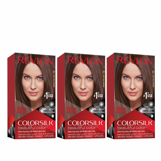 Picture of Permanent Hair Color by Revlon, Permanent Hair Dye, Colorsilk with 100% Gray Coverage, Ammonia-Free, Keratin and Amino Acids, 27 Deep Rich Brown, 4.4 Oz (Pack of 3)