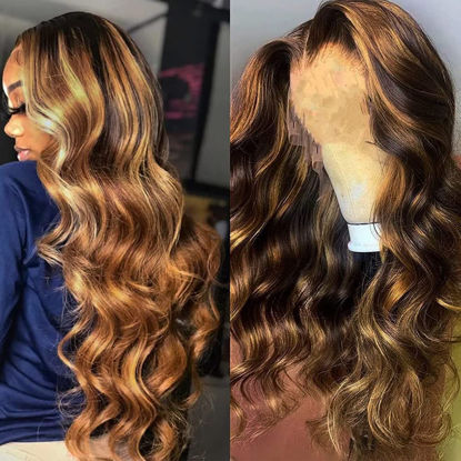 Picture of Highlight Ombre Lace Front Wigs Human Hair 13x4 colored 26 Inch 4/27 HD Lace Frontal Human Hair Wigs Pre Plucked with Baby Hair 180% Density Honey Blonde Body Wave Lace Front Wig Human Hair