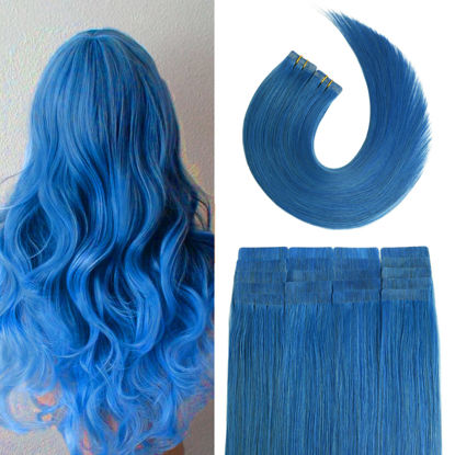 Picture of 16Inch Tape in Hair Extensions Blue 100% Remy Human Hair Extensions Silky Straight for Fashion Women 20 Pcs/Package(16Inch #Blue 30g)