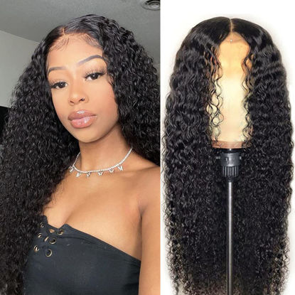 Picture of Eooma 4x4 HD Transparent Lace Front Wigs Human Hair with Baby Hair 150% Density 18 Inch Brazilian Curly Lace Closure Human Hair Wigs for Black Women Natural Black Color