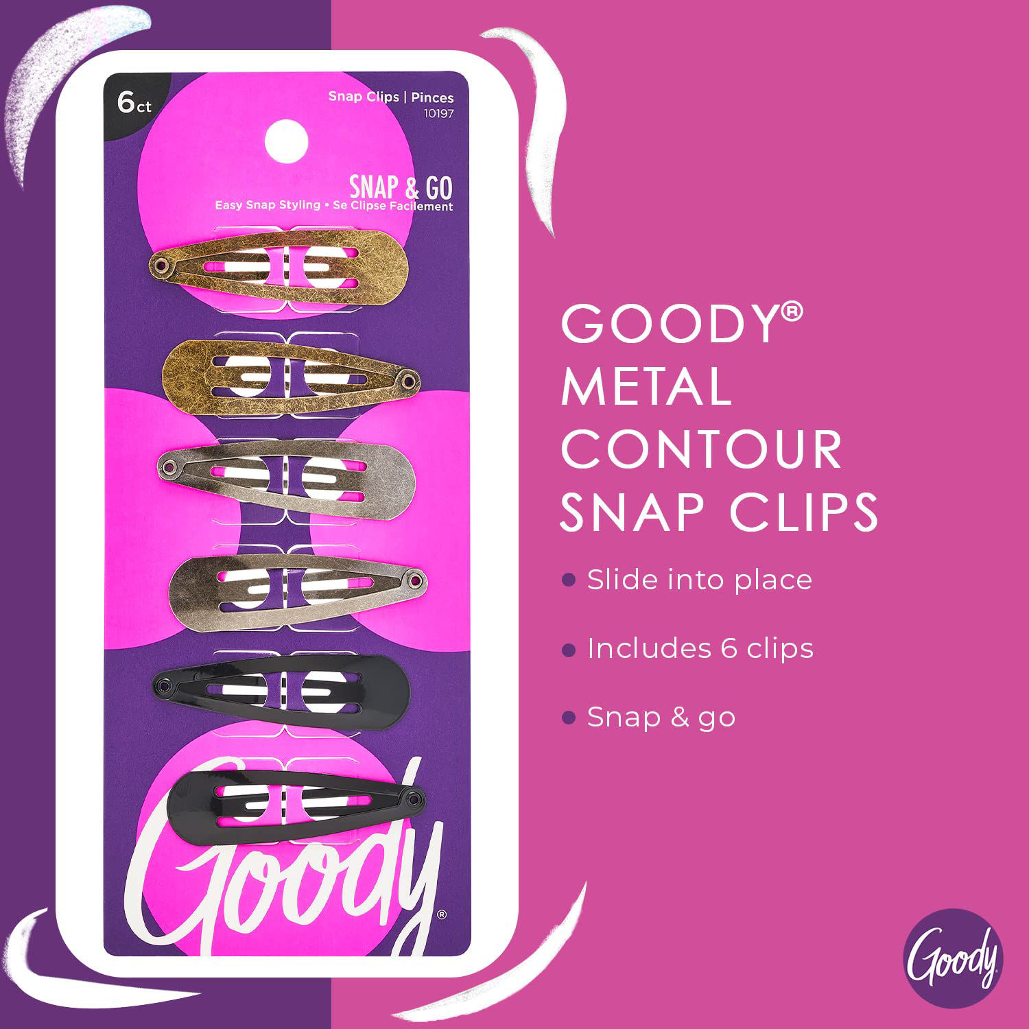 GetUSCart Goody Metal Contour Hair Snap Clips 6 Count, Classic Colors Just Snap Into Place
