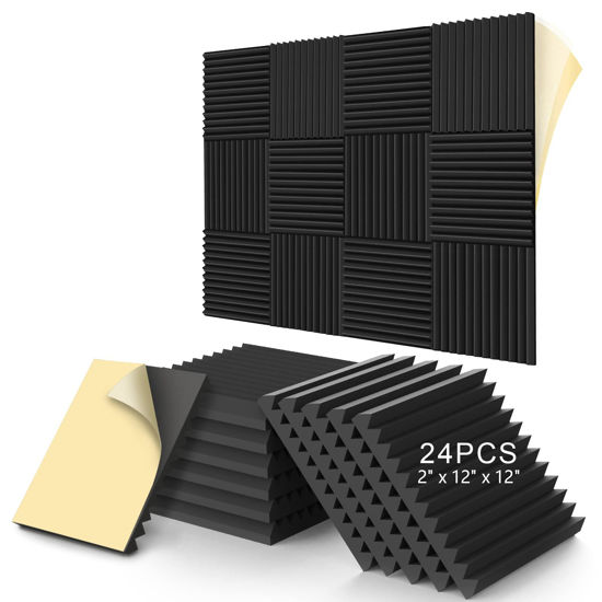 Picture of 24 Pack Acoustic Panels 2" x 12" x 12", Self-Adhesive Sound Proof Foam Panels, Wall Soundproof Foam for Music Studio, Bedroom Home, Acoustic Foam Wedges High Density - Black