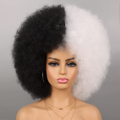 Picture of G&T Wig Cruella Deville Black and White Afro Wigs for Women Short Afro Puff Wig With Bangs Half Black White Cruella Costume Wig for Cosplay Halloween Party Use (Black and White)