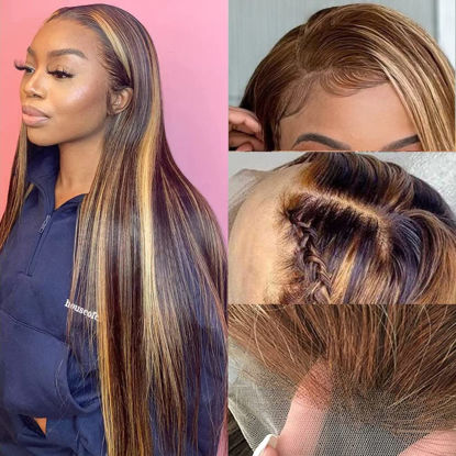 Picture of 30 Inch Highlight Ombre Lace Front Wig Human Hair 150% Density HD Transparent Blonde 4/27 Long Straight 13x4 Lace Front Wigs Pre Plucked with Baby Hair for Black Women Brazilian Virgin Hair