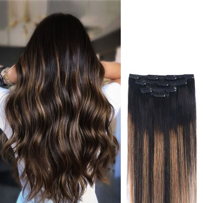 Picture of 20" Hair Extensions Balayage Clip in Human Hair for Women - Silky Straight Natural Black to Chestnut Brown Highlight Black Ombre Hair 75grams 4pieces #(1BT6) P1B Color