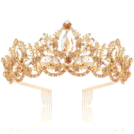 Picture of Exacoo Gold Tiara for Women Champagne Crown for Girls with Comb Wedding Princess Birthday Crystal Rhinestones Headbands for Prom Bridal Party Halloween Costume Christmas Gift
