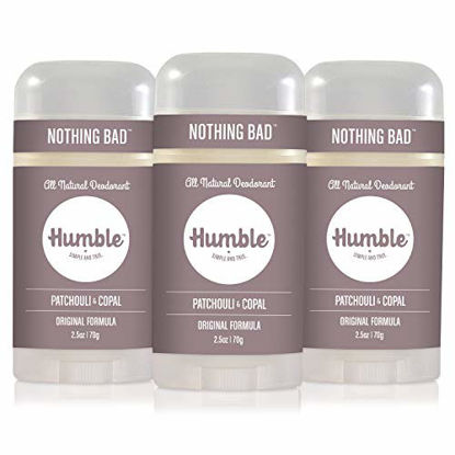Picture of Humble Brands All Natural Aluminum Free Deodorant Stick for Women and Men, Lasts All Day, Safe, and Certified Cruelty Free, Patchouli and Copal, Pack of 3