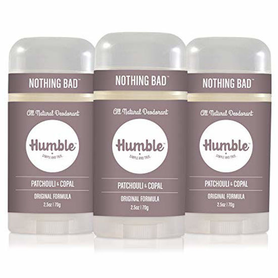 Picture of Humble Brands All Natural Aluminum Free Deodorant Stick for Women and Men, Lasts All Day, Safe, and Certified Cruelty Free, Patchouli and Copal, Pack of 3