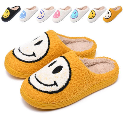 Picture of Cute Smile Face Slippers for Women and Men,Soft Plush Comfy Warm Couple Slip-On House Happy Face Slippers For Winter Indoor Outdoor Smile Slippers Non-slip Fuzzy Flat Slides Yellow4445