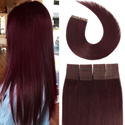 Picture of 20 Inch Tape in Hair Extensions 99j 100% Remy Human Hair Extensions Silky Straight for Fashion Women 20 Pcs/Package(20Inch #99j 50g)