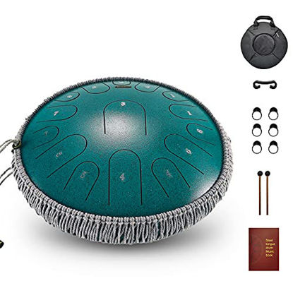 Picture of AS TEMAN hue drum steel drum,Steel Tongue Drum,14 inch 15 Notes Steel Drums Percussion Instrument with Bag,Music Book, 2 Mallets, Braided rope,mallet holder,6 fingertips,notes sticker(Starry green)