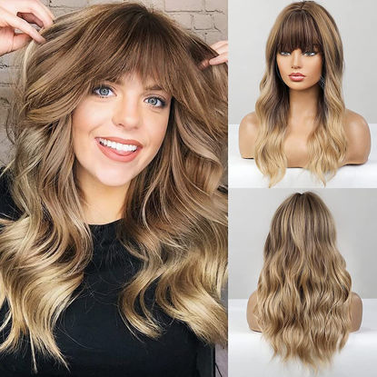 Picture of FORCUTEU Ombre Pink Wig With Bangs Long Wavy Pink Wig With Air Bangs Synthetic Wigs for Women (22inch, Ombre Blonde)