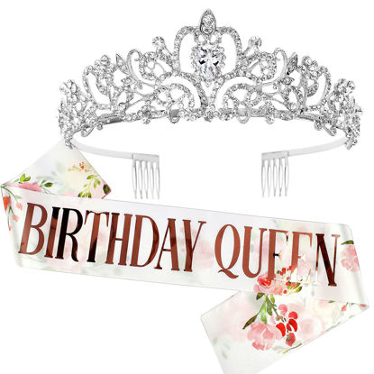 Picture of "Birthday Queen" Sash & Rhinestone Tiara Set COCIDE Silver Birthday Sash and Tiara for Women Birthday Decoration Kit Rhinestone Headband for Girl Glitter Crystal Hair Accessories for Party Cake Topper