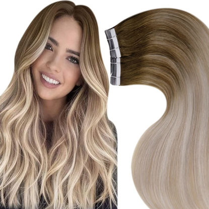 Picture of 【New Arrival】LAAVOO Blonde Ombre Tape in Extensions Real Human Hair Balayage Light Brown to Platinum Blonde Mix Ash Blonde Tape in Hair Extensions for Women 18in Hair Extensions Tape Ins Skin Weft 50g 20pcs