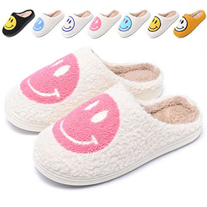 Picture of Cute Smile Face Slippers for Women and Men,Soft Plush Comfy Warm Couple Slip-On House Happy Face Slippers For Winter Indoor Outdoor Smile Slippers Non-slip Fuzzy Flat Slides White Pink4445
