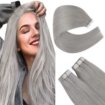Picture of 【New Arrival】LAAVOO Grey Hair Extensions Tape in Human Hair Silver Blonde Gray Tape in Hair Extensions Human Hair Grey Skin Weft Remy Hair Extensions 18inch 20pcs 50g