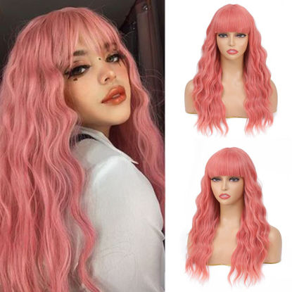 Picture of SOKU Peach Pink Wavy Wig with Air Bangs Women's Short Bob 20 Inch Pastel Peachy Wave Synthetic Curly Cosplay Wig for Girls Daily Use Colorful Wigs