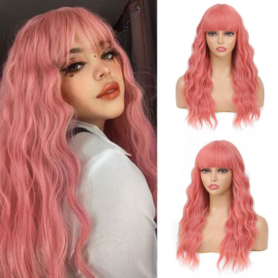 Picture of SOKU Peach Pink Wavy Wig with Air Bangs Women's Short Bob 20 Inch Pastel Peachy Wave Synthetic Curly Cosplay Wig for Girls Daily Use Colorful Wigs