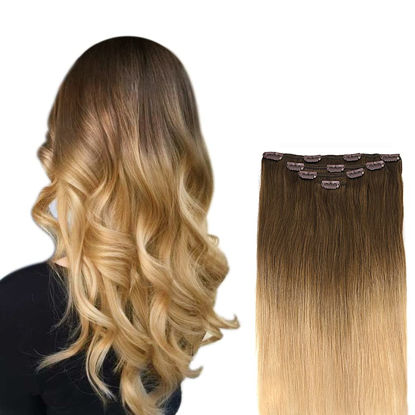 Picture of 14" Clip in Hair Extensions Remy Human Hair for Women - Silky Straight Balayage 50grams 4pieces Light Brown to Natural Blonde #8T24 Color
