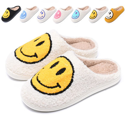 Picture of Cute Smile Face Slippers for Women and Men,Soft Plush Comfy Warm Couple Slip-On House Happy Face Slippers For Winter Indoor Outdoor Smile Slippers Non-slip Fuzzy Flat Slides White Yellow3637