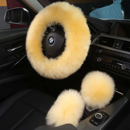 Picture of 3Pcs Set Fashion Fluffy Fuzzy Wool Fur Soft Steering Wheel Cover with Handbrake Cover & Gear Shift Cover for Women/Girls/Ladies Car Decoration Long Wool Accessories (Light Yellow)
