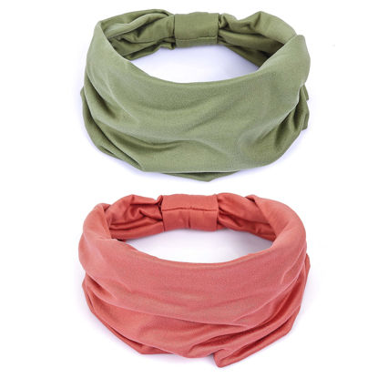 Picture of GiLi 2 Pack Wide Headbands for Women Boho African Knotted Non Slip Fashion Hair Bands Yoga Running Sports Workout Gym Head Wraps Elastic Soft Cotton Cloth Turbans Bandana for Girls(Green, Pink)