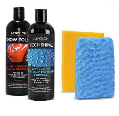 Picture of Aerolon Tech Shine & Show Polish Bundle, Fast Wet-Applied Ceramic Polymer Car Wax Coating, Top Coat Sealer for Cars, Bikes, and Boats, Auto Detailing Mirror Shine & Super Gloss - 16 Oz Bottles & Pads