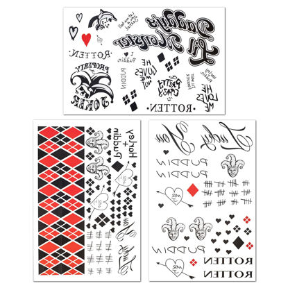 Picture of 3 Sheets Harley Quinn Tattoos, Realistic & Last Long Halloween Fake HQ Temporary Tattoo Sticker for Women - All Versions - Perfect for Halloween Cosplay Costume Party Makeup Accessories