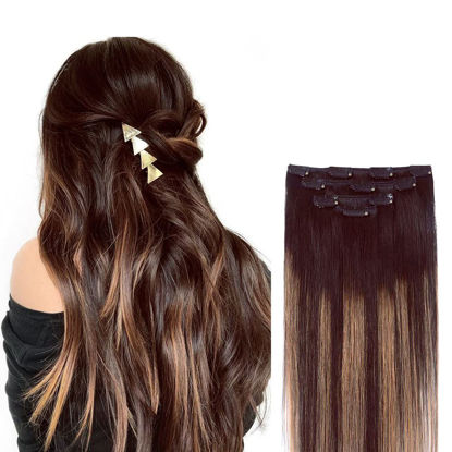Picture of 14" Clip in Hair Extensions Remy Human Hair Brown Balayage for Women - Silky Straight 100% Real Human Hair 50grams 4pieces #2T(6P2) Color