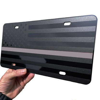 Picture of Thin Silver Gray Line American Flag License Plate Correctional Officers Matte Black on 1/8" Black Aluminum Composite Heavy Duty Tactical Patriot USA Car Tag